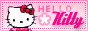an animated web button with a picture of hello kitty and the words 'hello kitty' written in a bright pink font. the background is pastel pink with a dotted border and a spinning pink flower.