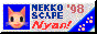 an animated grey and blue web button reading 'nekkoscape '98 nyan!'. on the left there is a rotating beige cat head, and on the right is a diagonal blue banner with pink cat pawprints on it
