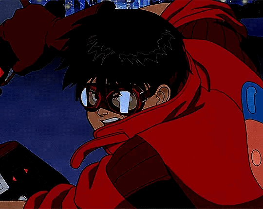 the ICONIC akira bike slide. i think about this scene every day of my life, its so cool to see it refrenced in other media <br><br> [image id: the bike slide scene from akira. kaneda slides into frame on his bright red motorcycle, sliding to a stop with his bike sideways. The tires and his foot kick up dust as he stops, with bright green sparks eminating from his bike. he is wearing his all red motorcycle outfit, asnd behind him the city of neotokyo looms in the distance. /end id]