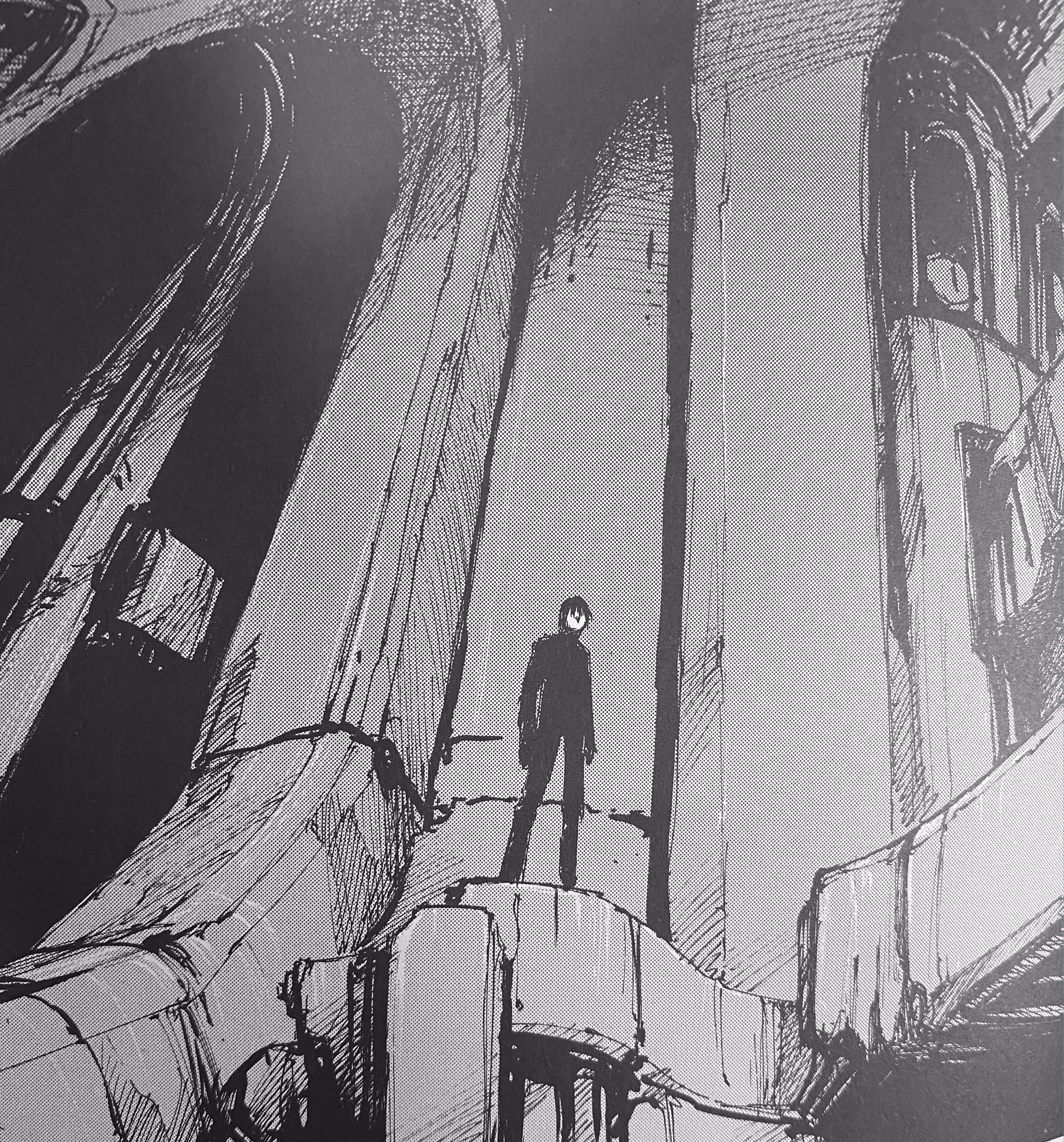 littleee guy, hes just a littol man. its so fun when nihei draws him all small and far away <br><br> [image id: kyrii standing on a ledge in the megastructure. he is small in comparison to the large archways that loom over him. he is angled so the viewer is looking up at him, and only his silhouette, hair, and nose are distinguishable. /end id]