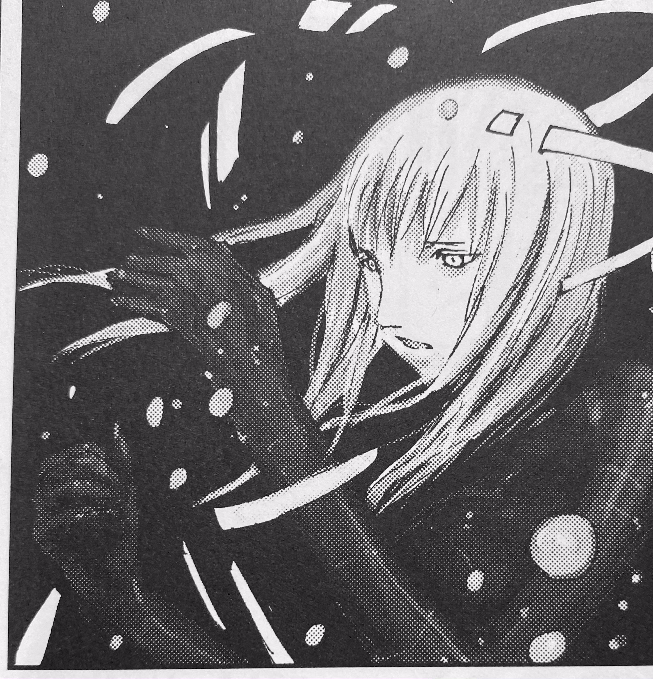 this is another one of my favorite images of cibo <3 i love the way her hair flows here <br><br> [image id: a panel from blame! showing cibo in the netsphere. she is in a dark void surrounded by floating white lines and circles. holds up her hands and looks at them in wonder, her hair flowing as though in water or wind. /end id]