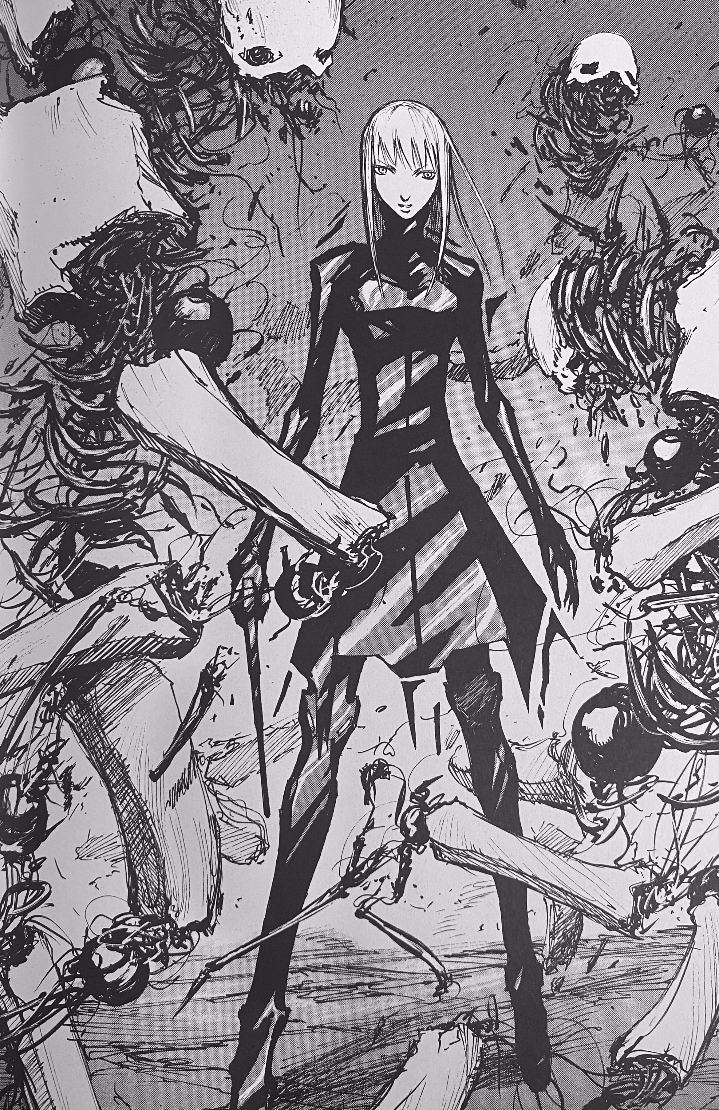 shes just soooooooooo cool. i love her with my whole heart and this scene especially <br><br> [image id: a page from blame! showing cibo surrounded by exploding silicon lifeforms. she stands still in the center of the frame, wearing a sleek black dress that flares outt and ends at her knees, and is holding an electric baton-like weapon. the silicon life forms around her are torn apart, their faces shattered and wires fraying from the ends of their limbs. /end id]