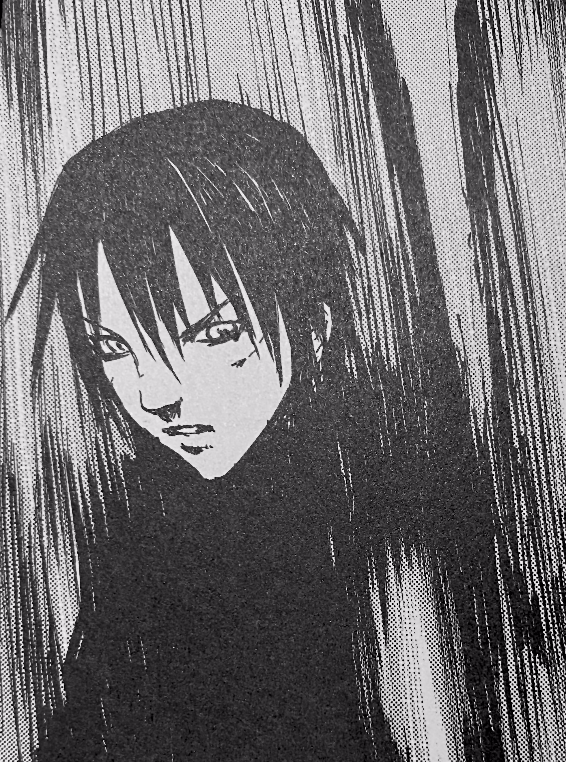 i really like the way forwarding looks in blame! the motion of the lines is so cool <br><br> [image id: a panel from blame! of kyrii being forwarded by mensab. he is surrounded by blured lines from the forwarding, and appears concerned. there are lines of blood across his face. /end id]
